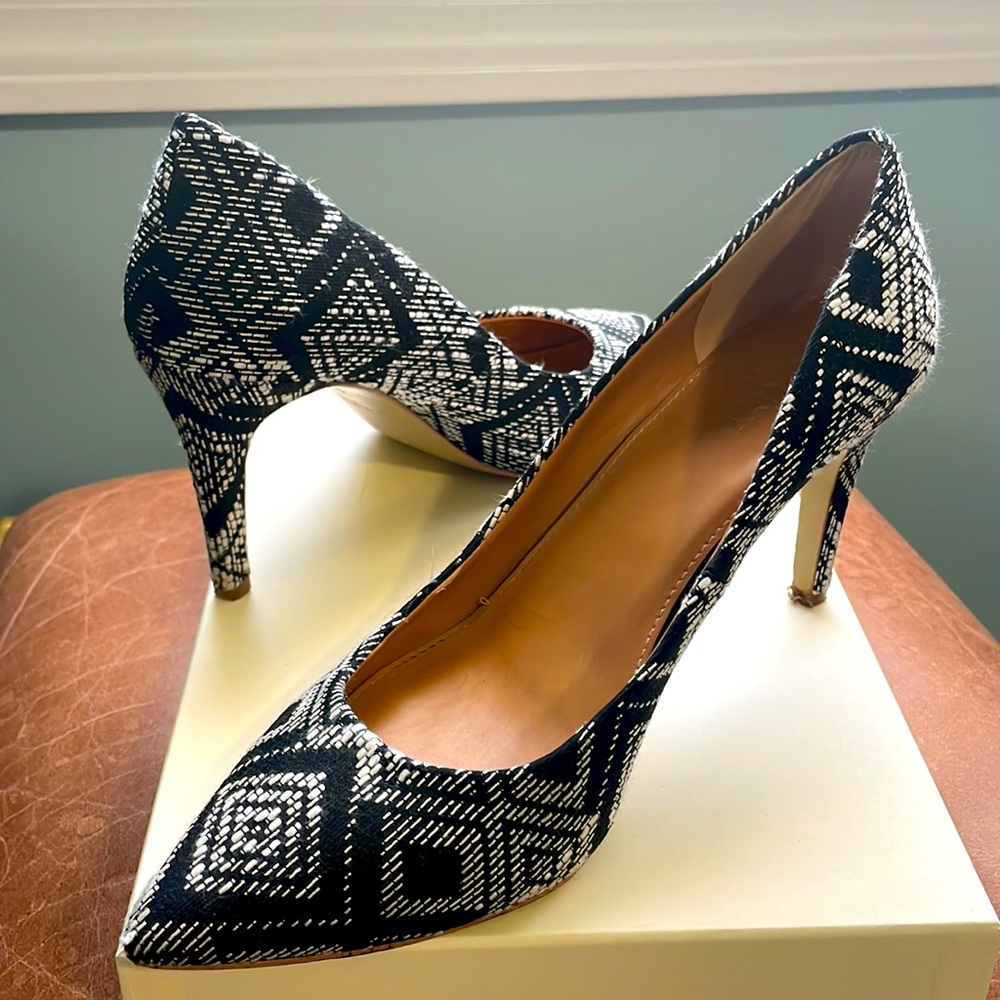 J Crew black and white patterned fabric and leather heels.  Very lightly worn.